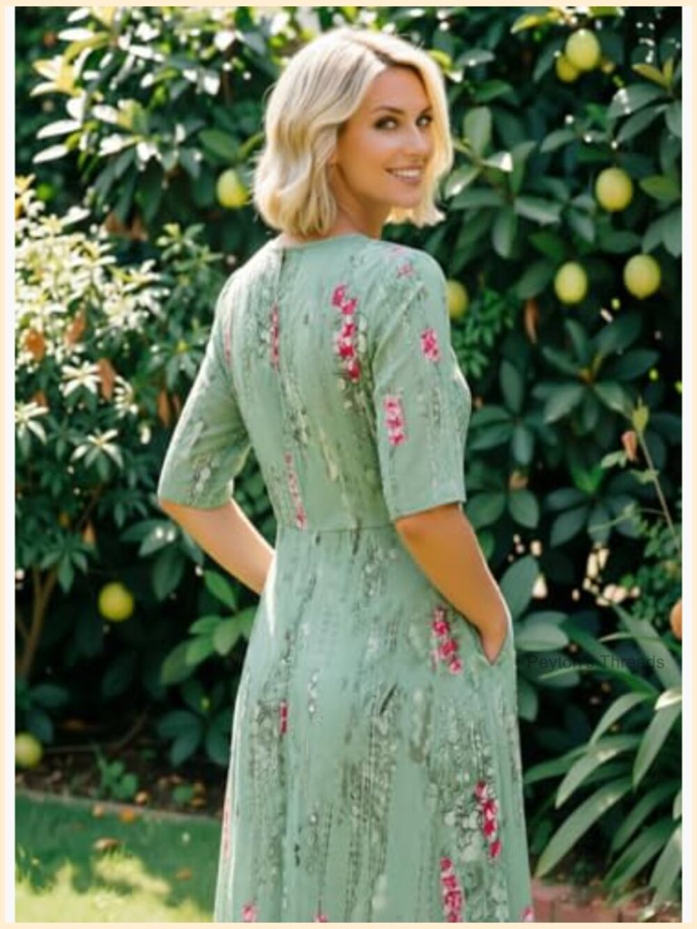 Pleated 3/4 Sleeve Midi Dress with Side Pockets - Picture 5 of 7
